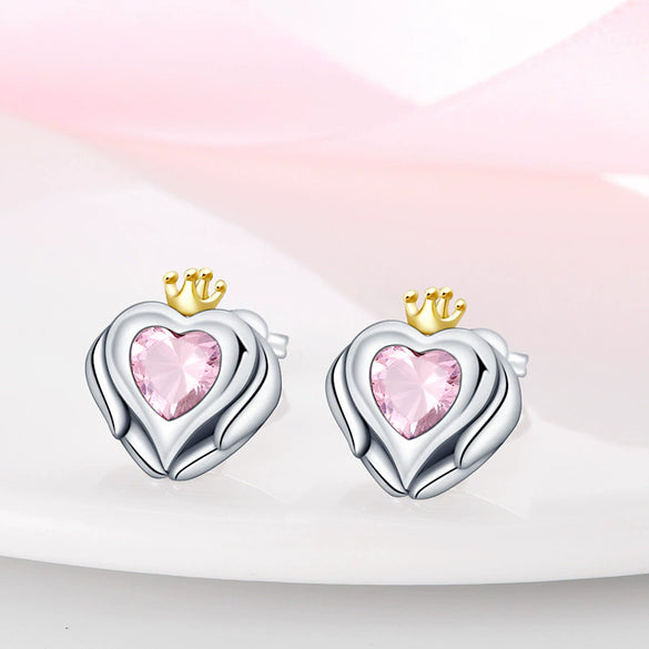 Wholesale S925 Sterling Silver Heart Shaped Wings Crown Earrings With Electroplating For Women