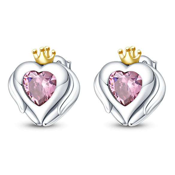 Wholesale S925 Sterling Silver Heart Shaped Wings Crown Earrings With Electroplating For Women