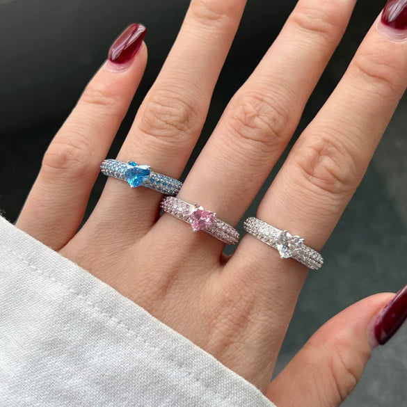 Wholesale S925 Sterling Silver Heart Shaped Zircon Ring For Women Sweet Style Electroplated
