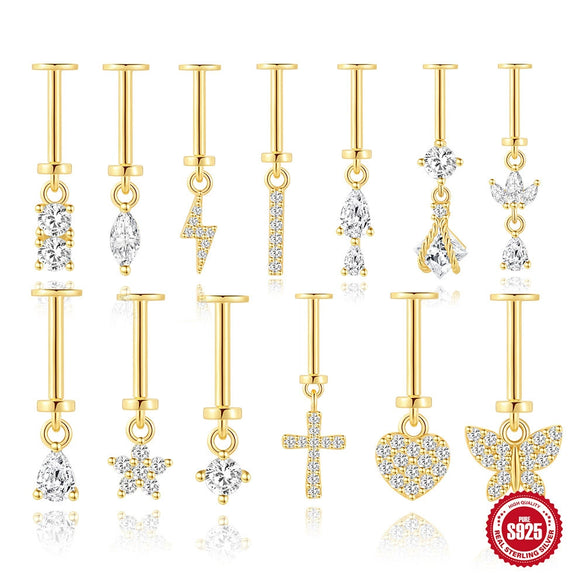Wholesale S925 Sterling Silver Heartshaped Lightning Butterfly Zircon Tassel Flat Head Cartilage Piercing Earrings