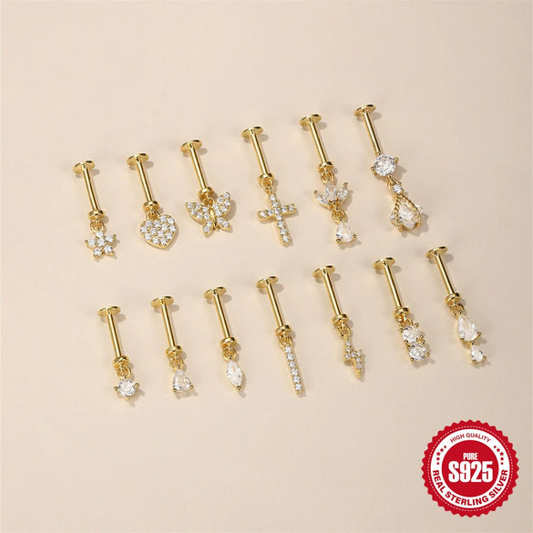 Wholesale S925 Sterling Silver Heartshaped Lightning Butterfly Zircon Tassel Flat Head Cartilage Piercing Earrings