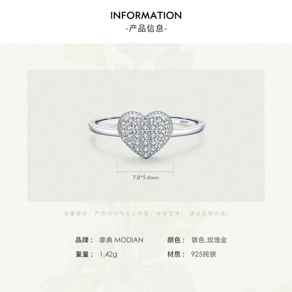 Wholesale S925 Sterling Silver Heartshaped Microinlay Small Fresh Sweet Women's Love Ring Jewelry
