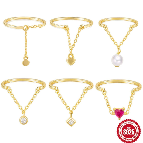 Wholesale S925 Sterling Silver Heartshaped Tassel Diamond Chain Adjustable Ring With Electroplating And Real Gold Plating For Women