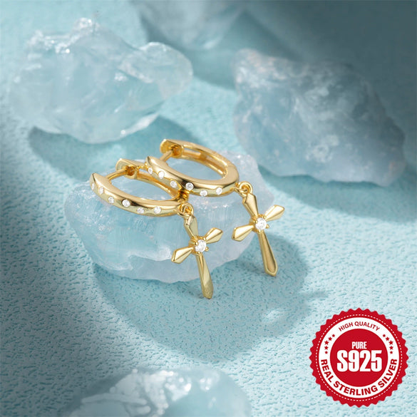 Wholesale S925 Sterling Silver Hollow Geometric Double Layer Cross Water Drop Heart Shaped Inlaid Zircon Earrings For Women