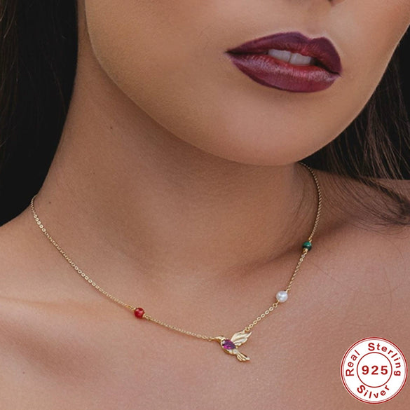 Wholesale S925 Sterling Silver Hummingbird Necklace With Red Ginger Chalcedony Pearl Geometric Style Electroplating Design Women's O Chain Clavicle Chain
