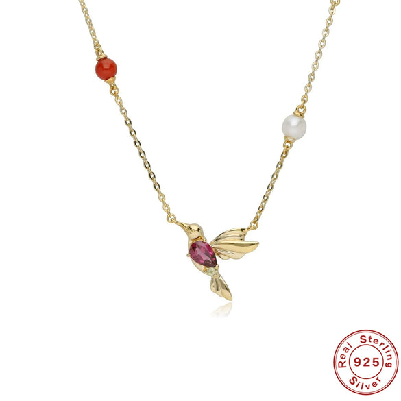 Wholesale S925 Sterling Silver Hummingbird Necklace With Red Ginger Chalcedony Pearl Geometric Style Electroplating Design Women's O Chain Clavicle Chain