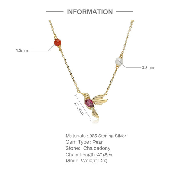 Wholesale S925 Sterling Silver Hummingbird Necklace With Red Ginger Chalcedony Pearl Geometric Style Electroplating Design Women's O Chain Clavicle Chain