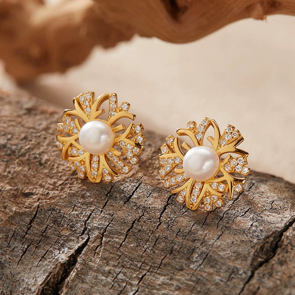 Wholesale S925 Sterling Silver Inlaid Natural Pearl Flower Leaf Design Earrings