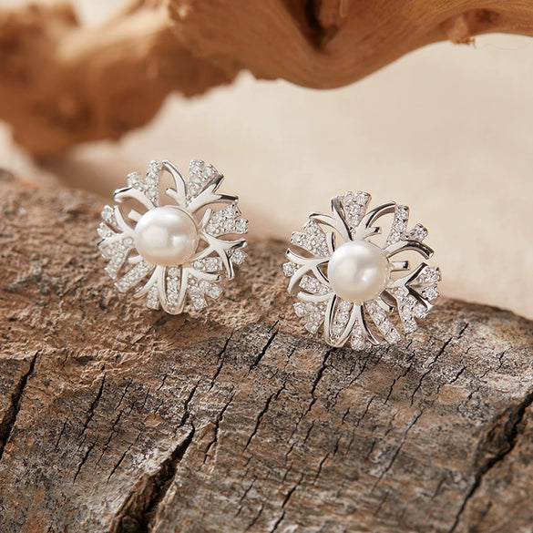 Wholesale S925 Sterling Silver Inlaid Natural Pearl Flower Leaf Design Earrings