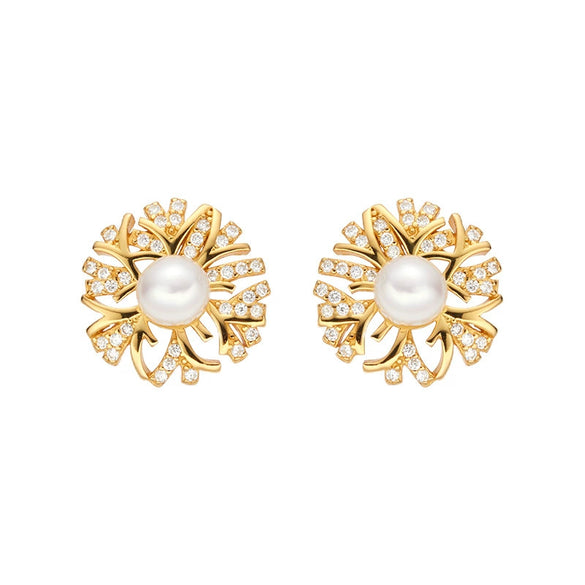 Wholesale S925 Sterling Silver Inlaid Natural Pearl Flower Leaf Design Earrings