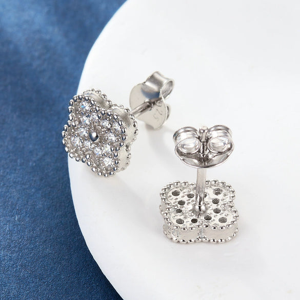 Wholesale S925 Sterling Silver Inlaid Zircon Four Leaf Clover Electroplated Earrings With Retro Niche Design For Women