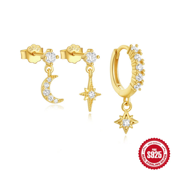 Wholesale S925 Sterling Silver Irregular Star Month Fashion Tassel Earring 3 Piece Set With Geometric Pattern And Electroplating Treatment