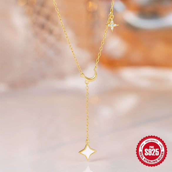 Wholesale S925 Sterling Silver 18K Gold Plated Star Moon Oil Drop Pendant Tassel Necklace With Geometric Design And Zircon Treatment