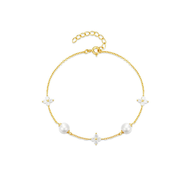 Wholesale S925 Sterling Silver Leaf Grass Pearl Fashion Elegant Women's Bracelet With Electroplating And Real Gold Plating Geometric Design