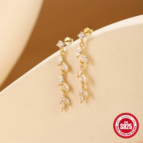 Wholesale S925 Sterling Silver Leaf Zircon Ins Style Exquisite Ear Studs Electroplated Ear Jewelry