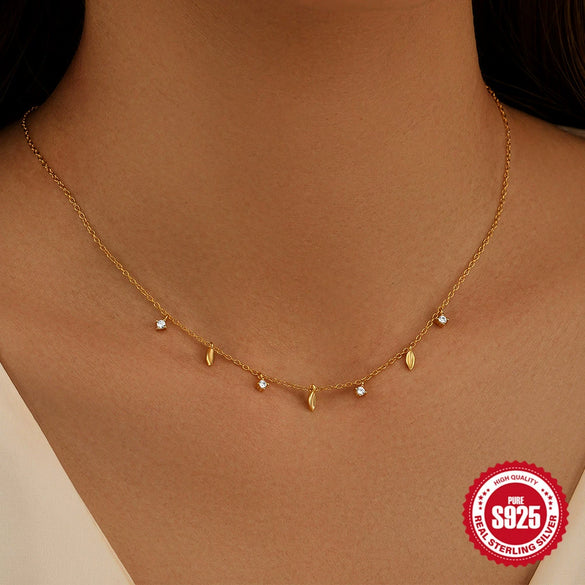 Wholesale S925 Sterling Silver Leaves Four Claw Diamond Stacked Collarbone Necklace For Women With Geometric Design And Electroplating