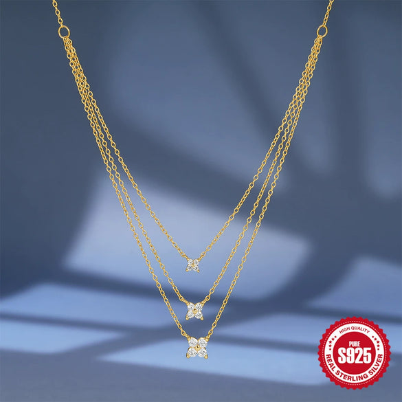 Wholesale S925 Sterling Silver Light Luxury Petals Three Layer Stacked Collarbone Necklace For Women With Geometric Design And Electroplating Treatment