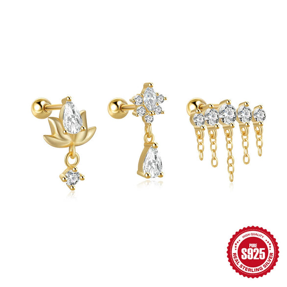 Wholesale S925 Sterling Silver Lotus Flower Piercing Thread Stud Earrings With High Grade Diamond Embedded And Zirconia Design