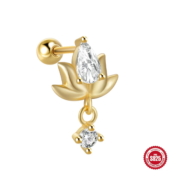 Wholesale S925 Sterling Silver Lotus Flower Piercing Thread Stud Earrings With High Grade Diamond Embedded And Zirconia Design