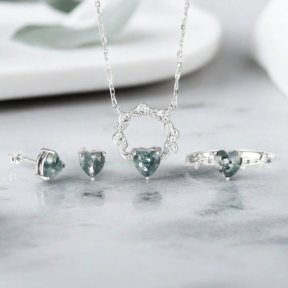 Wholesale S925 Sterling Silver Love Heart Shaped Moss Agate Inlay Jewelry Suit For Women With Aquatic Theme