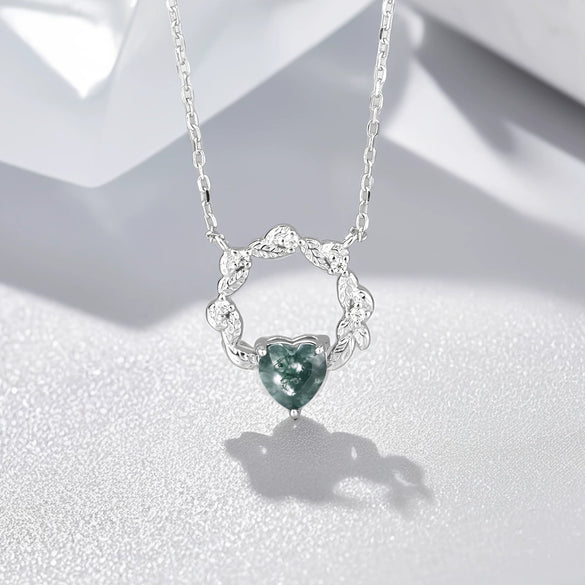 Wholesale S925 Sterling Silver Love Heart Shaped Moss Agate Inlay Jewelry Suit For Women With Aquatic Theme
