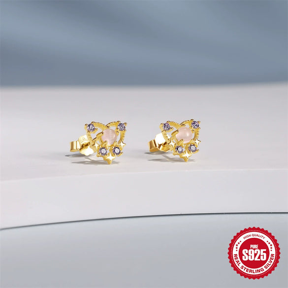 Wholesale S925 Sterling Silver Love Hollow Four Pointed Star Earrings With Pink Diamond Inlay And Inlaid Zircon For Women
