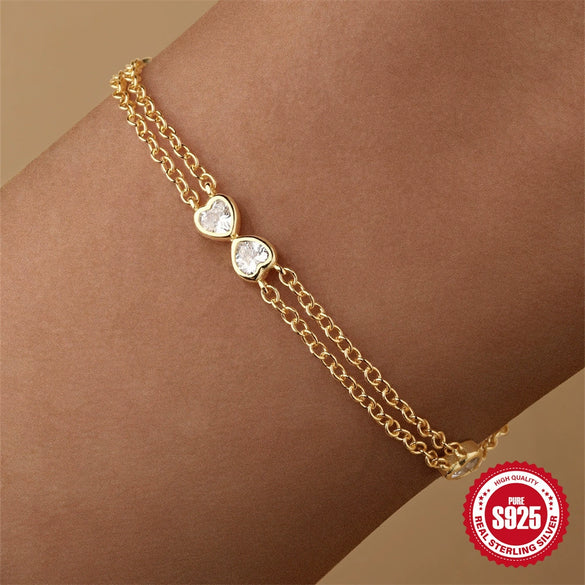 Wholesale S925 Sterling Silver Love Zircon Bow Double Layer Bracelet And Earrings Set With Electroplating Unisex High Grade Jewelry