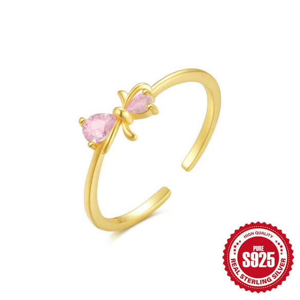 Wholesale S925 Sterling Silver Micro Inlaid Geometric Bow Ring For Women High End Sense Adjustable