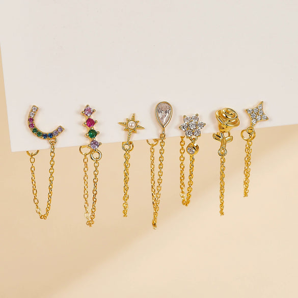 Wholesale S925 Sterling Silver Micro Inlaid Zircon Flower Moon Star Tassel Earrings With Vintage Design