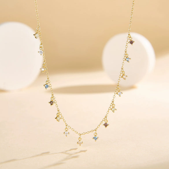 Wholesale S925 Sterling Silver Microinlaid Colorful Zircon Tassel Necklace With Geometric Pattern For Women Sweet Style Stackable Collarbone Chain