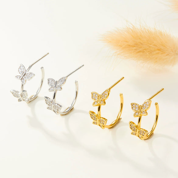 Wholesale S925 Sterling Silver Microinlaid Zircon Cshaped Butterfly Earrings Pastoral Small Fresh Advanced Ear Studs