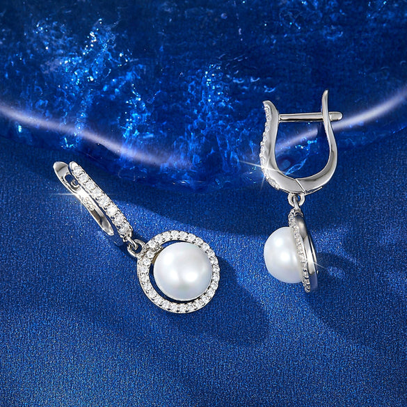 Wholesale S925 Sterling Silver Microinlaid Zircon Pearl Beads Round Geometric Elegant Women's Earrings