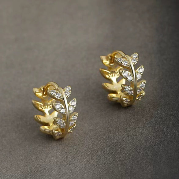 Wholesale S925 Sterling Silver Microset Zircon Leaves Earrings Fashion Vintage