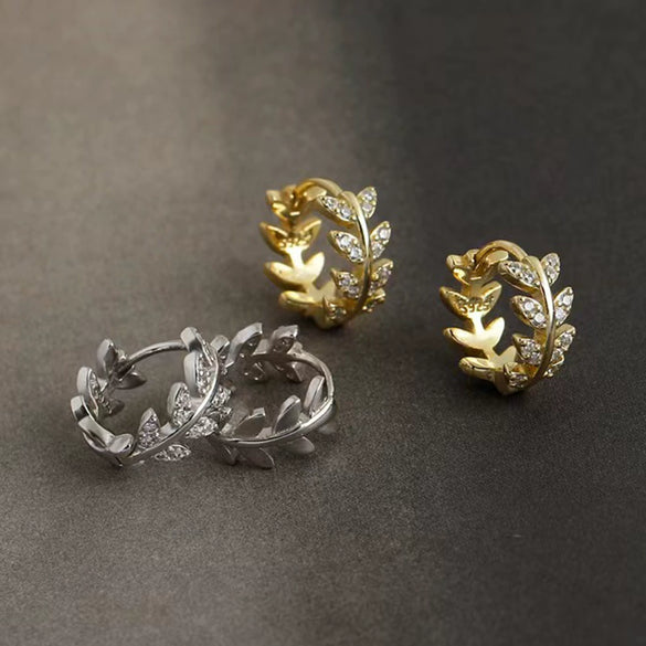 Wholesale S925 Sterling Silver Microset Zircon Leaves Earrings Fashion Vintage