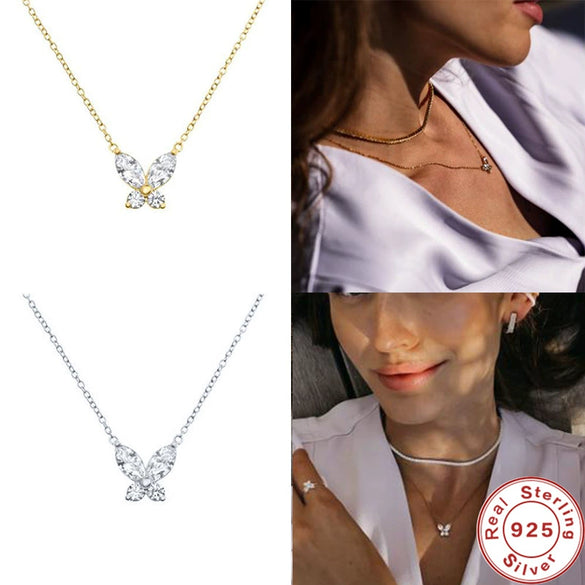 Wholesale S925 Sterling Silver Mini Butterfly Necklace With Zircon Electroplated Adjustable Clavicle Chain O Chain Geometric Design