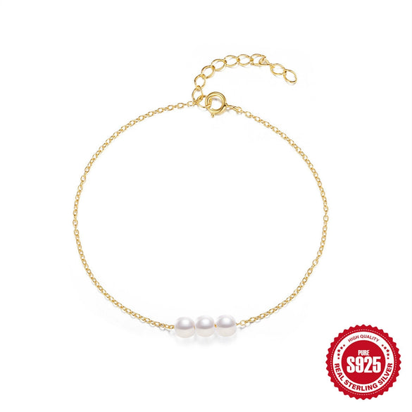 Wholesale S925 Sterling Silver Minimalist Geometric Pearl Slidable Thin Chain Bracelet With Electroplating For Women