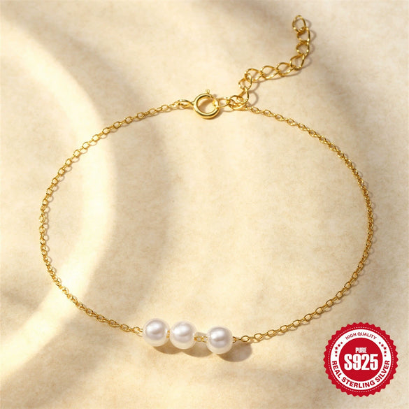 Wholesale S925 Sterling Silver Minimalist Geometric Pearl Slidable Thin Chain Bracelet With Electroplating For Women