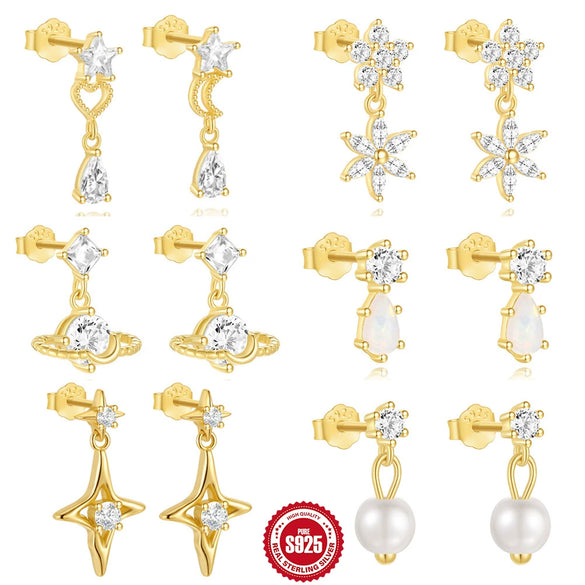 Wholesale S925 Sterling Silver Minimalist Geometric Planet Zirconium Stud Earrings With Water Drop High Grade Pearl Electroplated