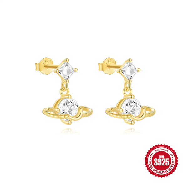 Wholesale S925 Sterling Silver Minimalist Geometric Planet Zirconium Stud Earrings With Water Drop High Grade Pearl Electroplated