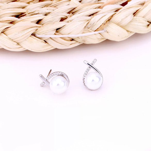 Wholesale S925 Sterling Silver Minimalist Geometric Sweet Pearl Earrings With Small Cross Line Design For Women