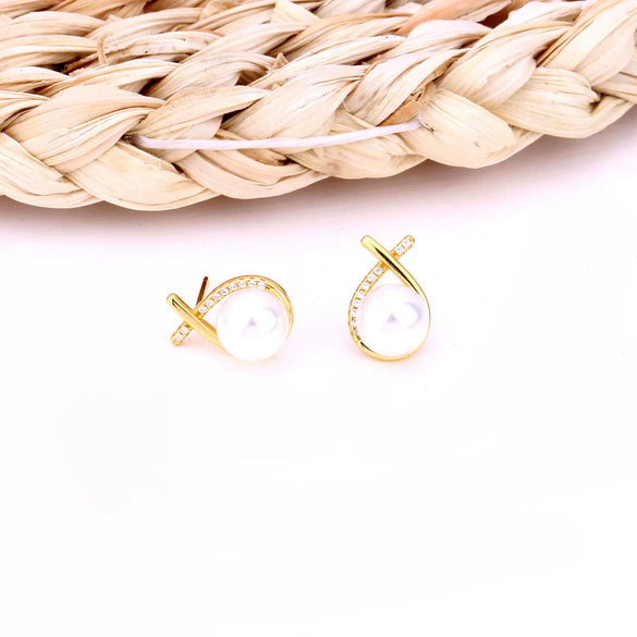 Wholesale S925 Sterling Silver Minimalist Geometric Sweet Pearl Earrings With Small Cross Line Design For Women