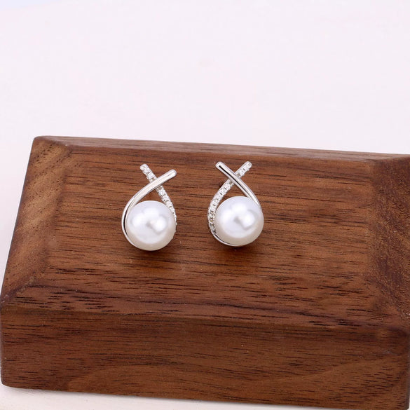 Wholesale S925 Sterling Silver Minimalist Geometric Sweet Pearl Earrings With Small Cross Line Design For Women