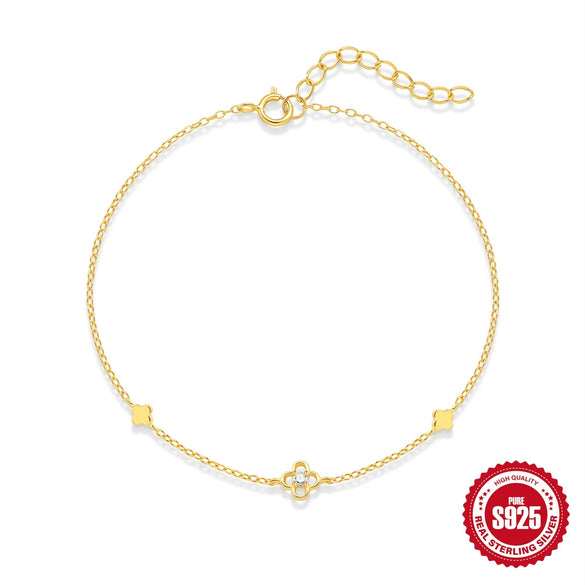 Wholesale S925 Sterling Silver Minimalist Glossy Four Leaf Clover Flower Bracelet With Real Gold Plating Electroplating Design For Women