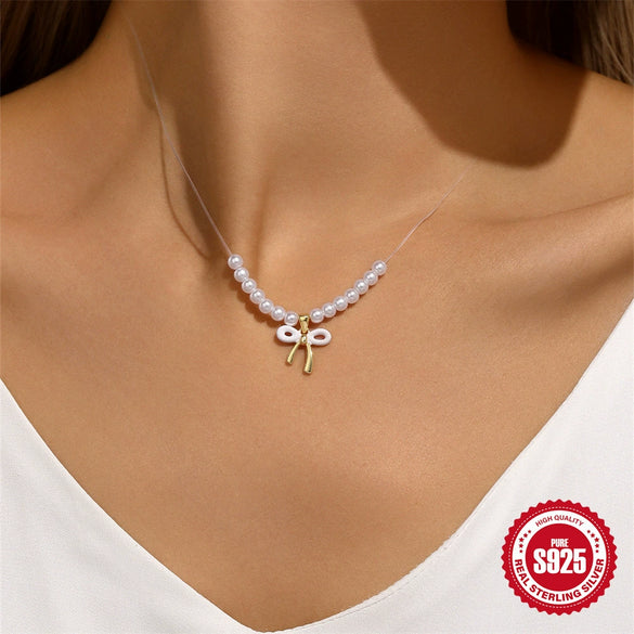 Wholesale S925 Sterling Silver Minimalist Ochain Neck Chain With Fivepointed Star Love Bow Pearl Clavicle Chain Electroplated For Women
