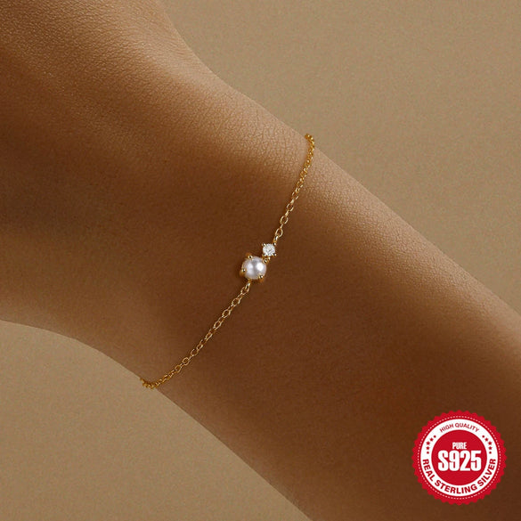 Wholesale S925 Sterling Silver Minimalist Pearl Diamond Women's Bracelet With Geometric Pattern And Real Gold Plating Electroplating