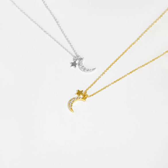 Wholesale S925 Sterling Silver Moon Star Zircon Pendant Necklace With Electroplating Treatment And New Design For Women