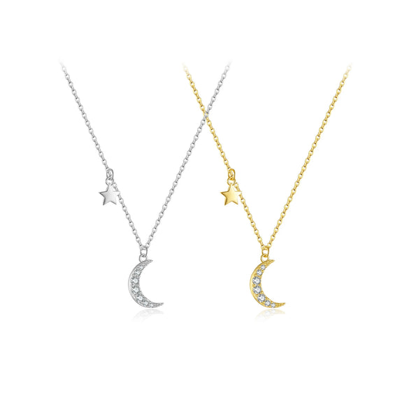 Wholesale S925 Sterling Silver Moon Star Zircon Pendant Necklace With Electroplating Treatment And New Design For Women