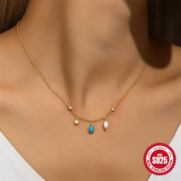 Wholesale S95 Sterling Silver Multi Element Stitching Geometric Diamond Encrusted Pearl Temperament All Match Clavicle Necklace With Electroplating O Chain Style