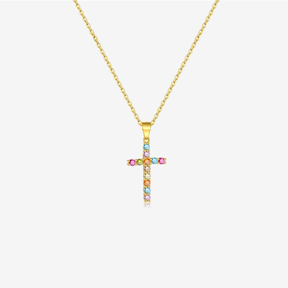 Wholesale S925 Sterling Silver Multicolor Zircon Cross Hanging Piece Necklace With 18K Gold Electroplating For Women