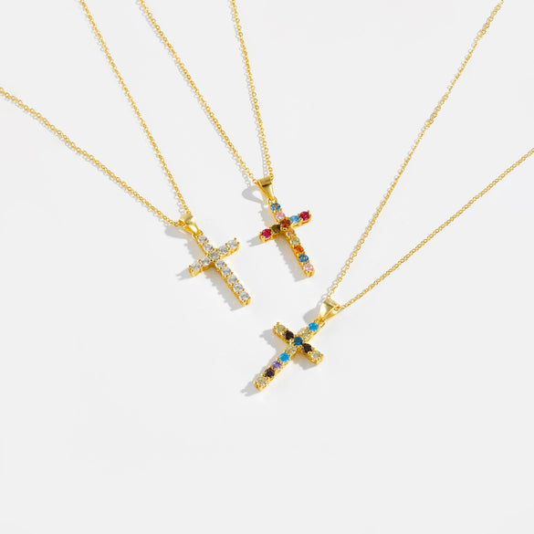 Wholesale S925 Sterling Silver Multicolor Zircon Cross Hanging Piece Necklace With 18K Gold Electroplating For Women